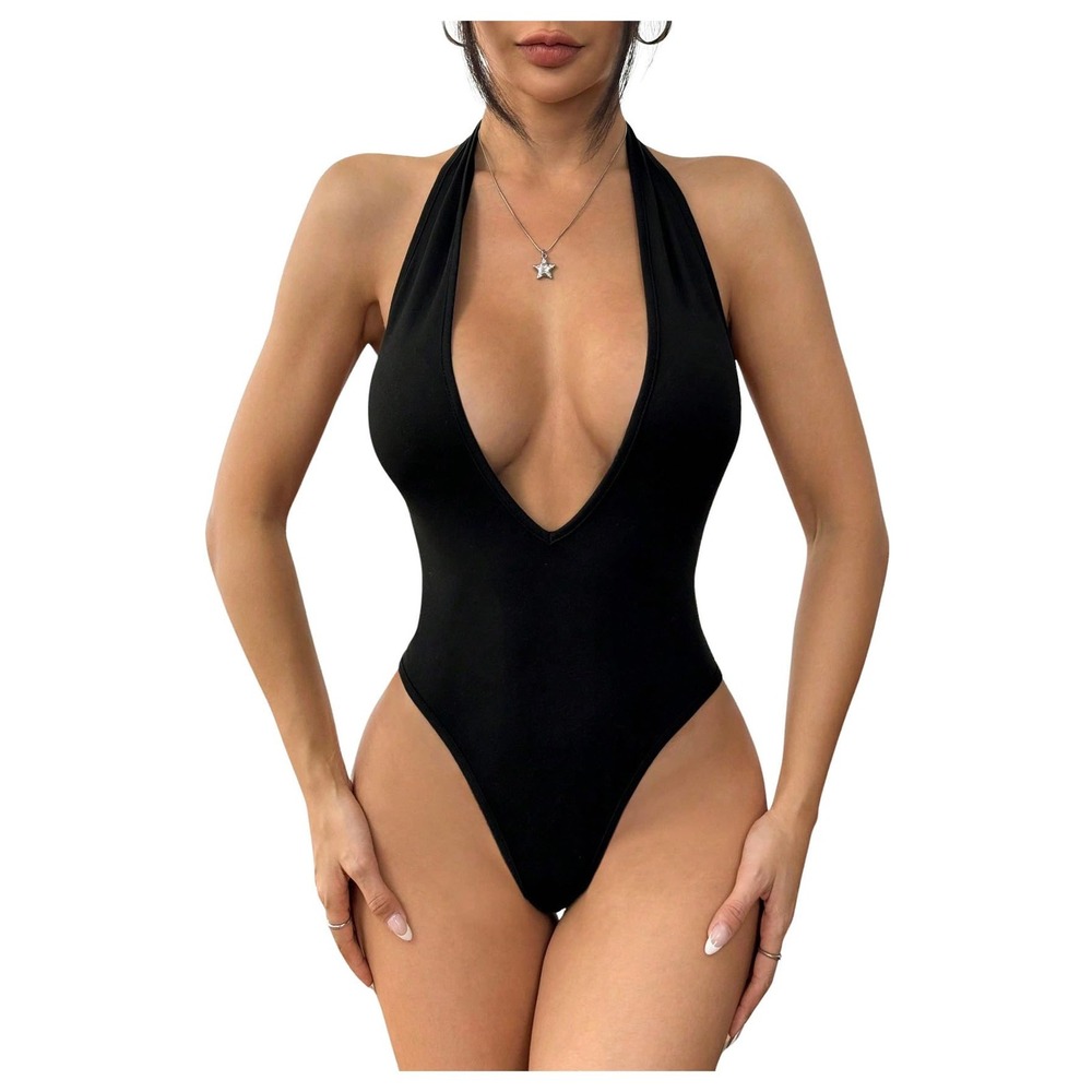 NWT MakeMeChic Black Halter Deep V Shapewear Bodysuit Backless Small